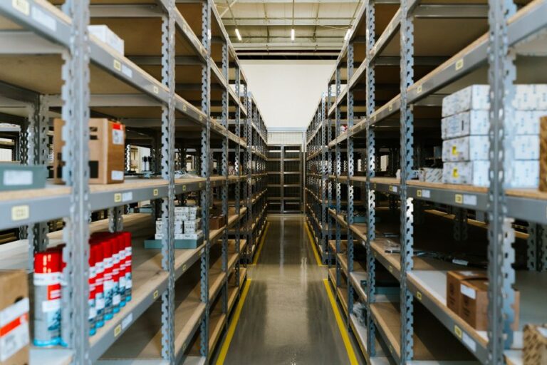 Warehouse shelves with boxes