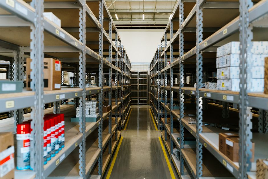 Warehouse shelves with boxes
